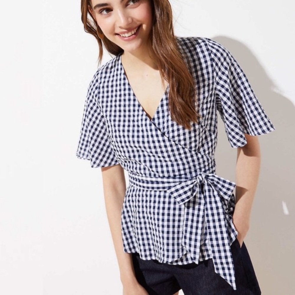 Loft Navy Gingham Wrap Top